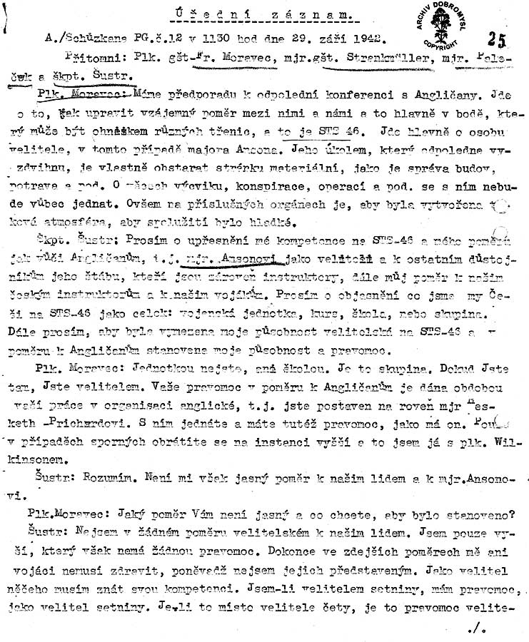 Dokument c. 1 : VHA 37  195 / 25  30 redn zznam o schuzce s Anglicany na Porchester Gate c. 12 dne 29. zr 1942 v 11: 30 