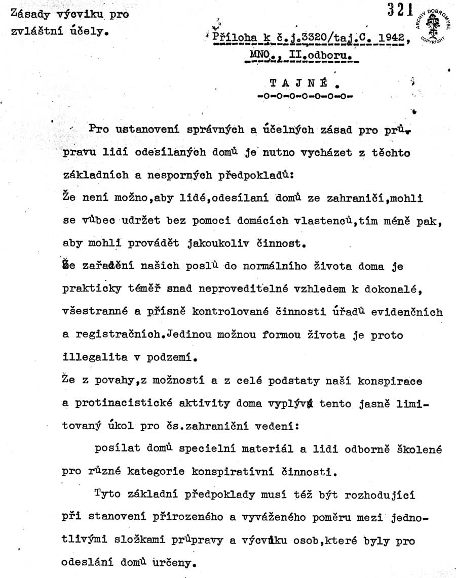 Dokument . 2 : VHA 37  289  2 / 321  330 Zsady vcviku pro zvltn ely, Ploha k .j. 3320 / taj. C. 1942, MNO., II. odboru 