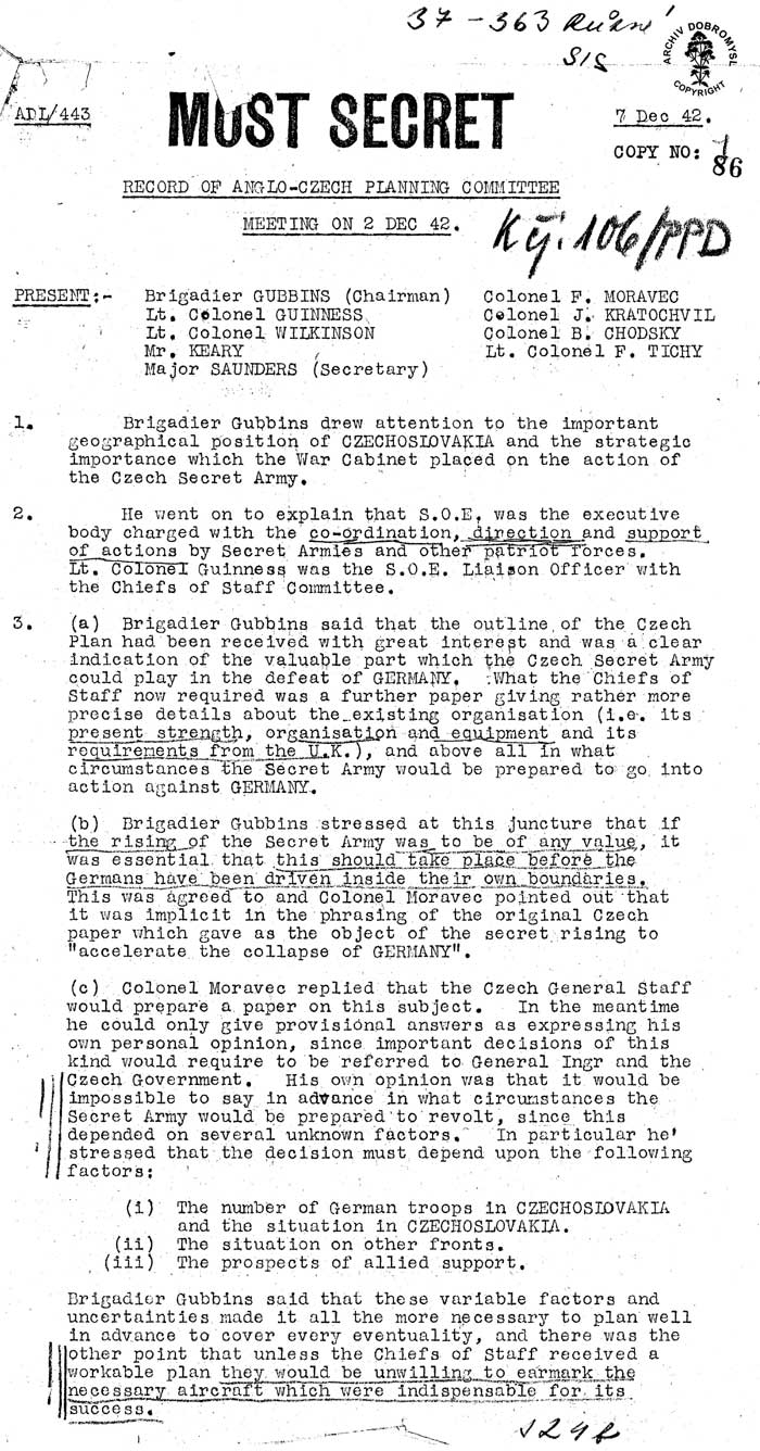 Dokument 5: VHA 37  363/ 86 Ukzka anglickho zznamu ze schzky eskoslovensko  britskho plnovacho vboru ze 7. 12. 1942.  